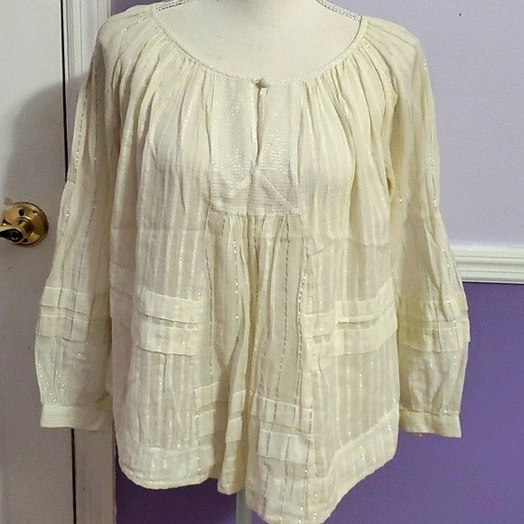 Rebecca Taylor Boho Cream Gauzy Pleated Balloon Sleeves Flowy Peasant Top 6 - Picture 1 of 14